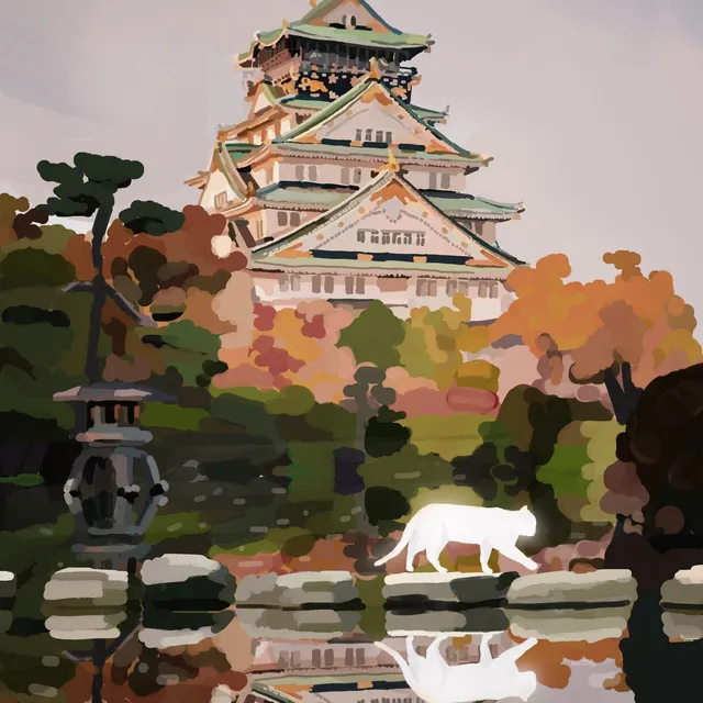 Château japonais dominant des arbres d'automne, chat blanc marchant sur des pierres au bord d'un bassin qui reflète la scène