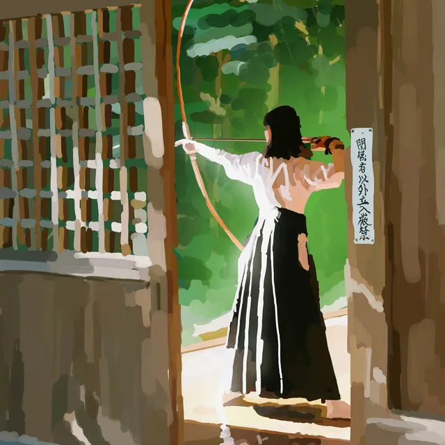 Archère de dos tendant un arc japonais dans une embrasure de bois, feuillage vert lumineux au fond