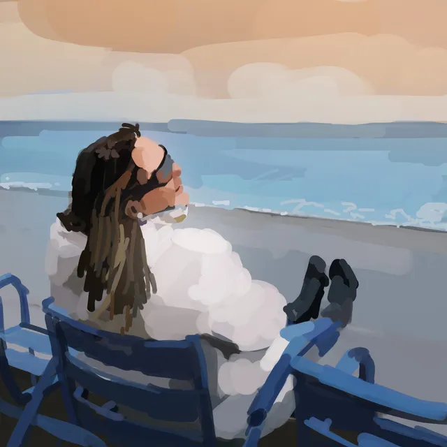 Personne aux dreadlocks vue de dos, assise sur des chaises bleues face à la mer, ciel orangé pâle
