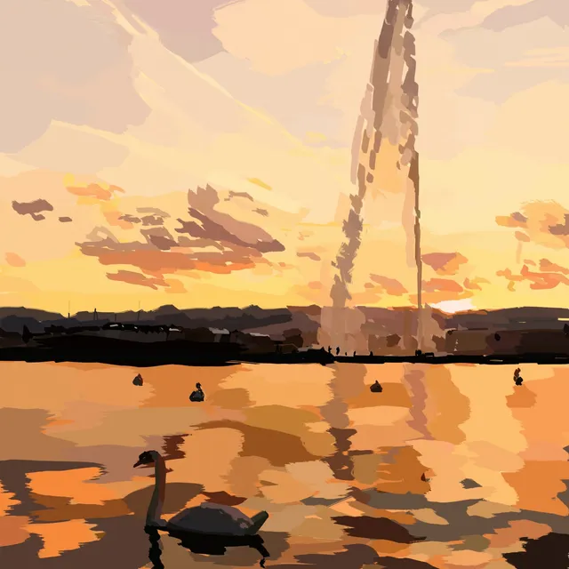 Cygne sur un lac au coucher du soleil, haut jet d'eau à l'arrière-plan, orangés et beiges