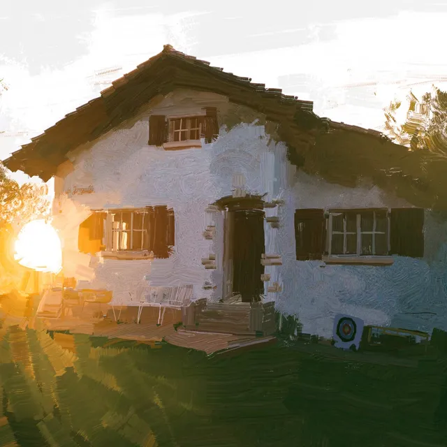 Chalet blanc aux volets bruns dans une prairie verte, soleil bas rayonnant derrière les arbres, ciel clair