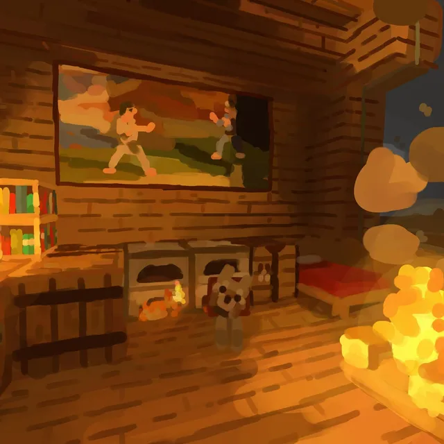 Intérieur de cabane en bois éclairé la nuit, étagères de livres colorés, écran mural, feu orange à droite