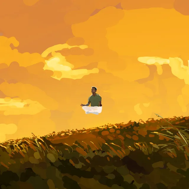 Homme en tee-shirt vert assis en tailleur en lévitation au-dessus d'une colline herbeuse, ciel orange doré