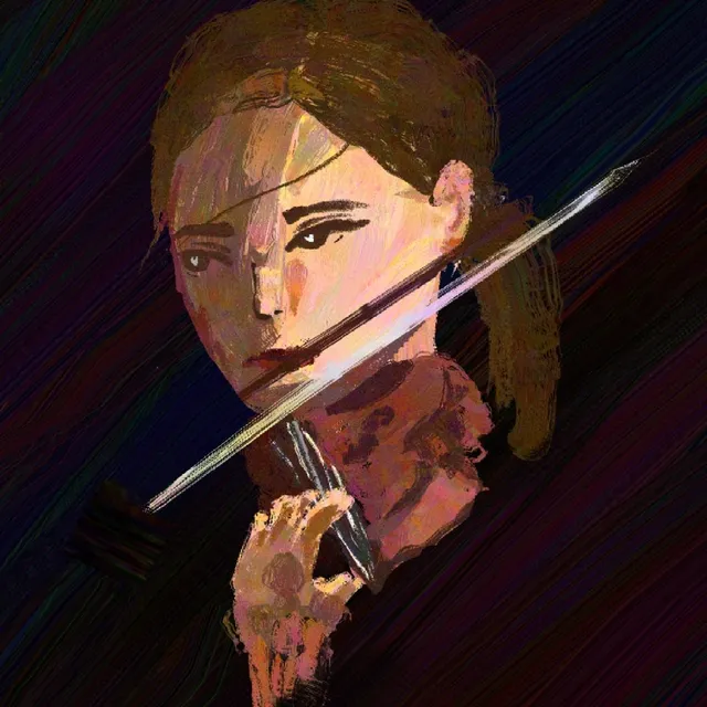 Jeune violoniste vue de face, archet en diagonale, touches de peinture ocre et rose sur fond sombre