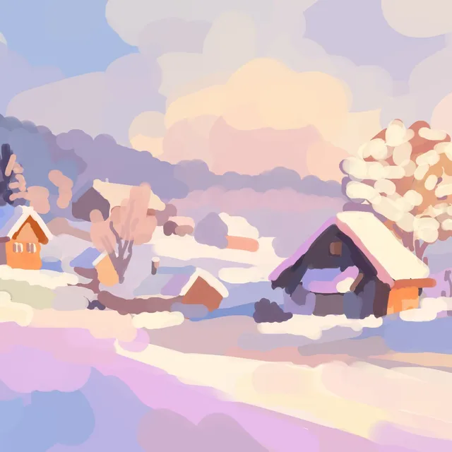 Village enneigé au lever du jour, chalets aux fenêtres orangées, ciel et neige en tons pastel roses et lavande