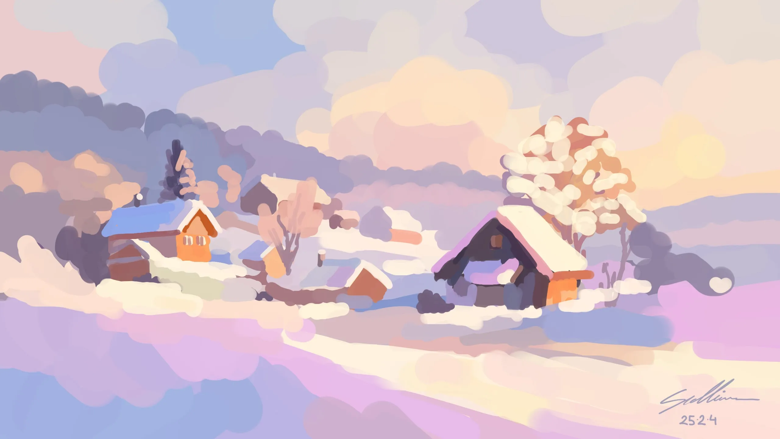 Village enneigé au lever du jour, chalets aux fenêtres orangées, ciel et neige en tons pastel roses et lavande