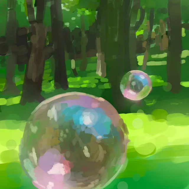 Deux bulles de savon irisées flottant dans un sous-bois, verts vifs et troncs bruns flous
