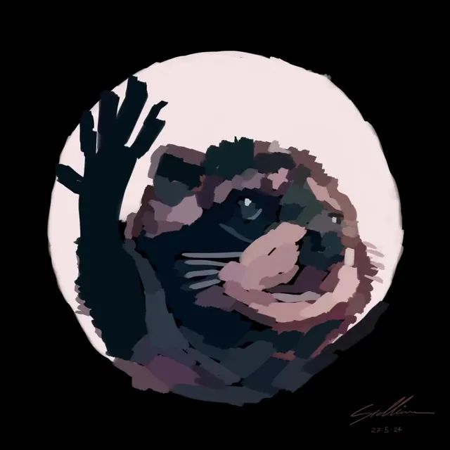 Petit animal recroquevillé et main levée en ombre, dans un disque clair sur fond noir, tons mauves
