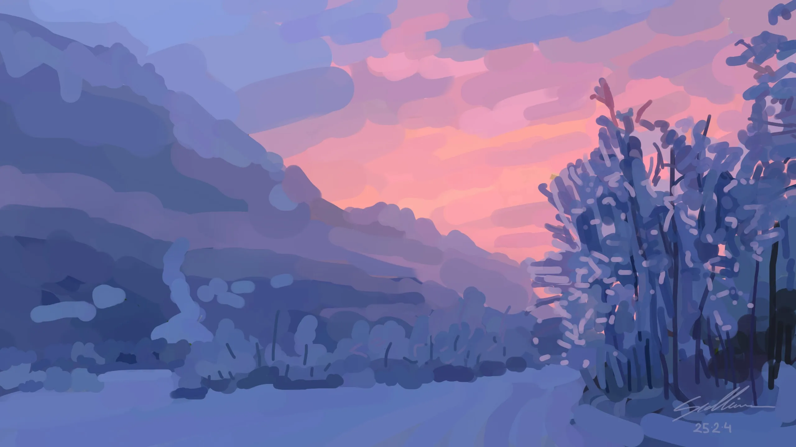 Paysage de neige au crépuscule, colline bleutée à gauche, arbres givrés à droite, ciel rose et orangé