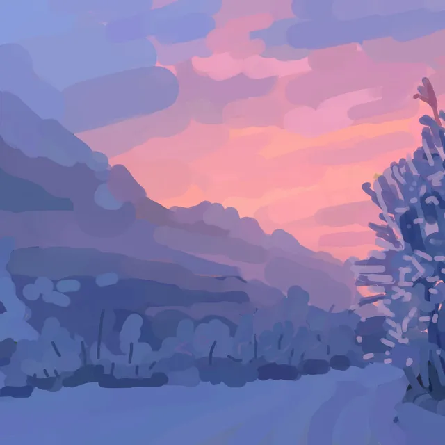 Paysage de neige au crépuscule, colline bleutée à gauche, arbres givrés à droite, ciel rose et orangé