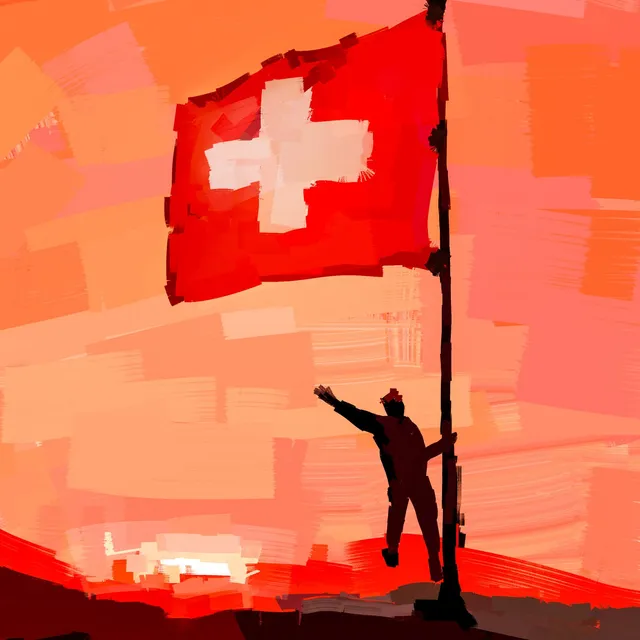 Silhouette sombre levant le bras au pied d'un mât portant le drapeau suisse, ciel rouge orangé
