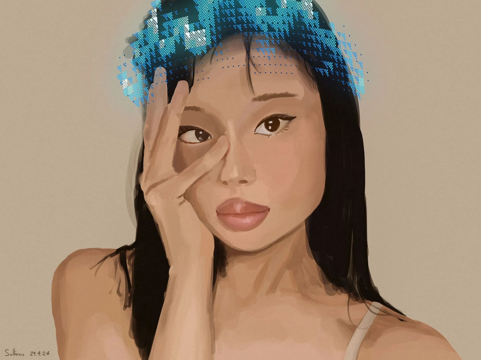 Portrait d'une femme la main devant un œil, pixels bleus sur les cheveux, fond beige uni