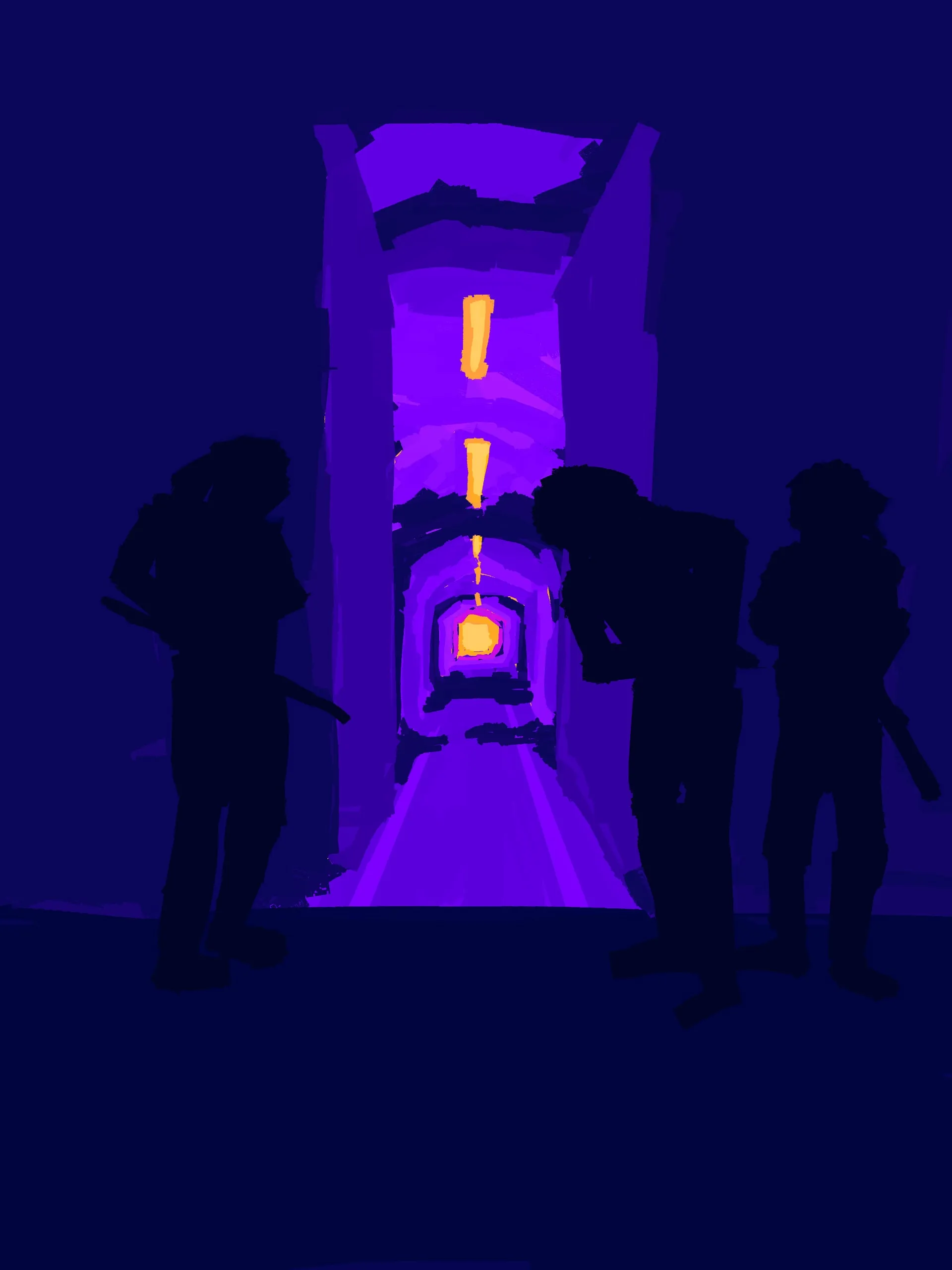 Trois silhouettes noires devant un couloir éclairé en violet, lampes jaunes en enfilade, fond bleu nuit
