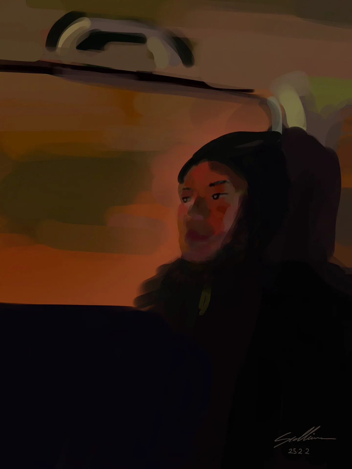 Jeune femme en capuche assise dans un train au crépuscule, vitre orange embrasée, palette sombre et chaude